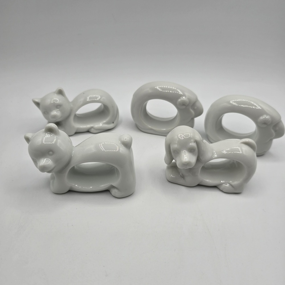 Vintage White Porcelain Napkin Rings‎ Animal Figurines Dog Cat Bear Sheep Japan